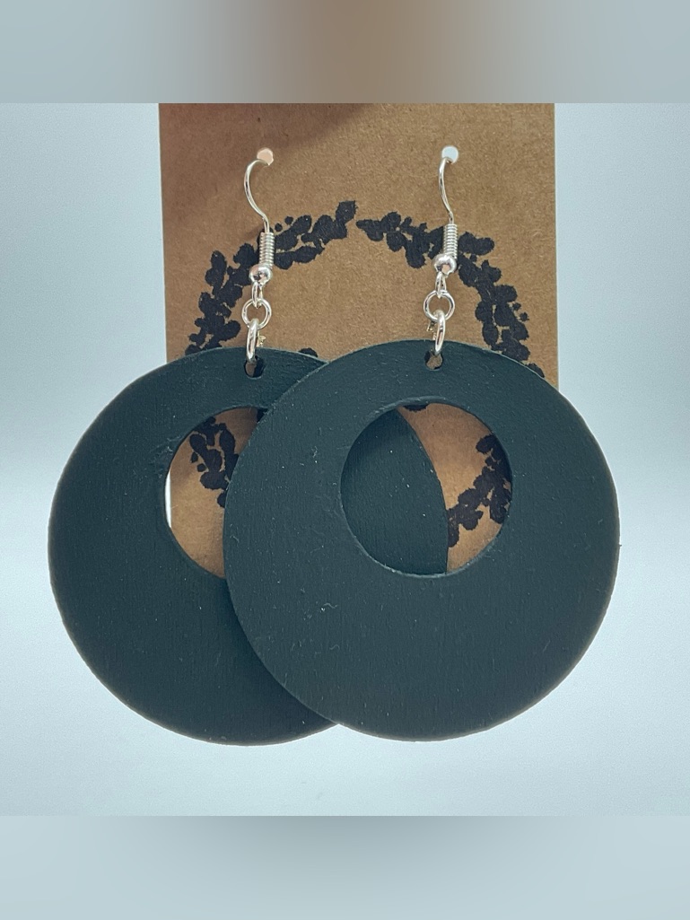 Dark Green Circular Cutout Wood Drop Earrings